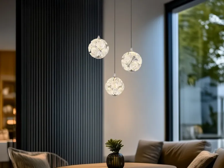 LED Pendelleuchte VIRINA 3-flammig Silber mit Kristall Glaskugeln, Ø 41cm