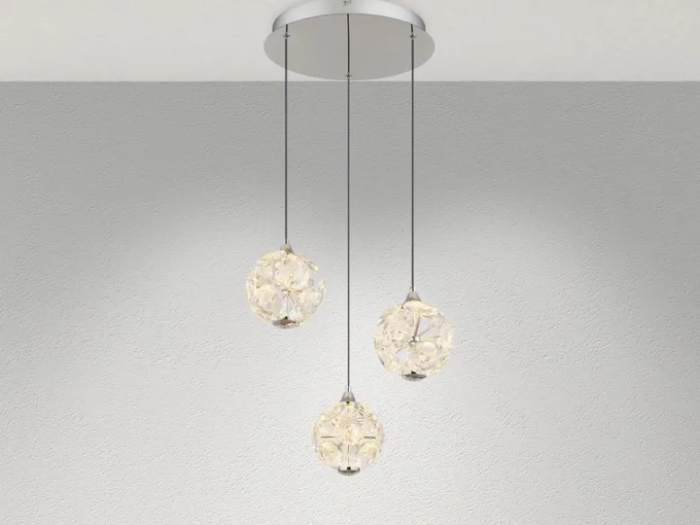 LED Pendelleuchte VIRINA 3-flammig Silber mit Kristall Glaskugeln, Ø 41cm