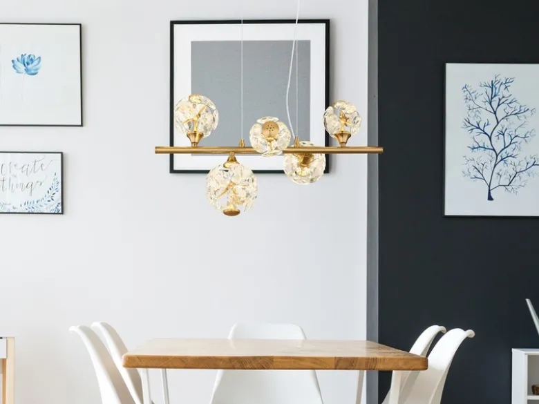 LED Pendelleuchte VIRINA 5-flammig Gold mit Kristall Glaskugeln, Breite 61cm