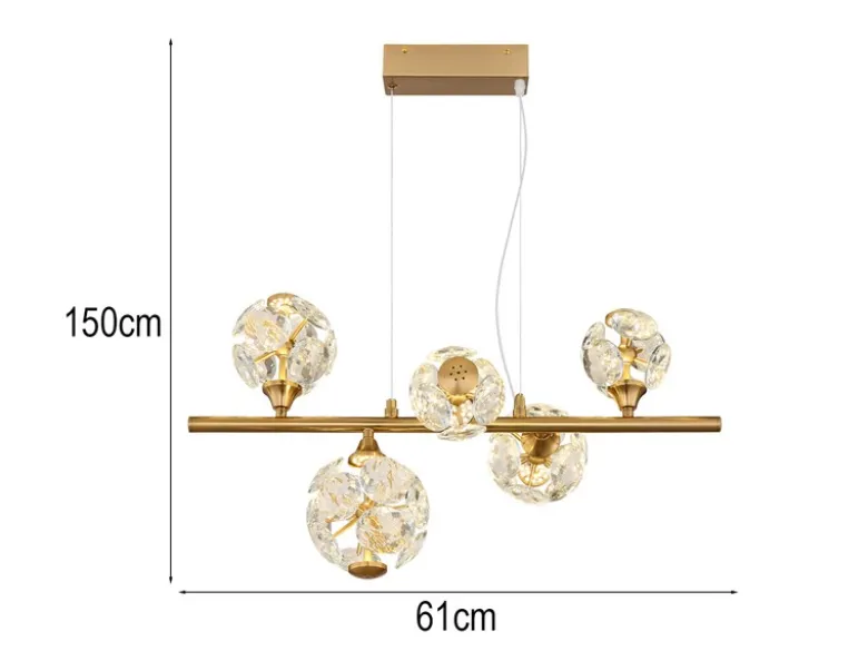 LED Pendelleuchte VIRINA 5-flammig Gold mit Kristall Glaskugeln, Breite 61cm