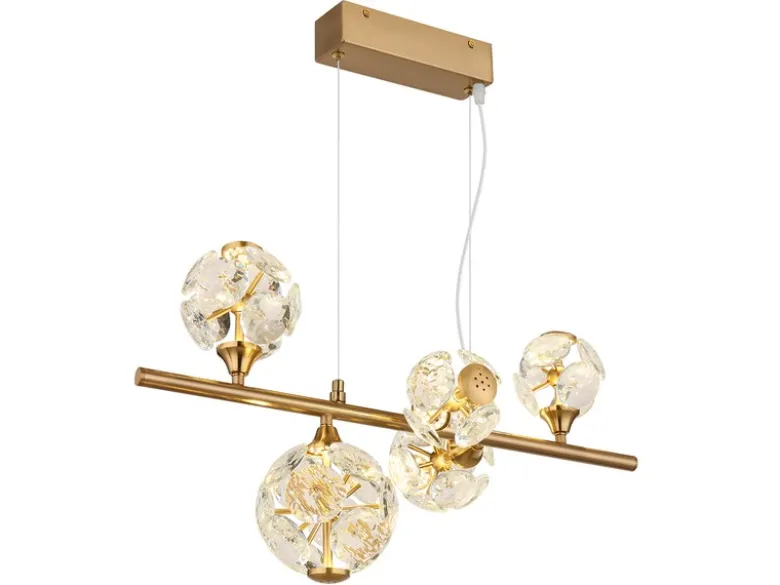 LED Pendelleuchte VIRINA 5-flammig Gold mit Kristall Glaskugeln, Breite 61cm
