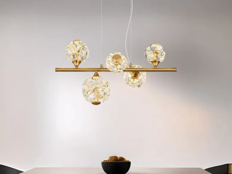 LED Pendelleuchte VIRINA 5-flammig Gold mit Kristall Glaskugeln, Breite 61cm