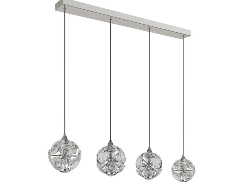 LED Pendelleuchte VIRINA 4-flammig Silber mit Kristall Glaskugeln, Breite 93cm