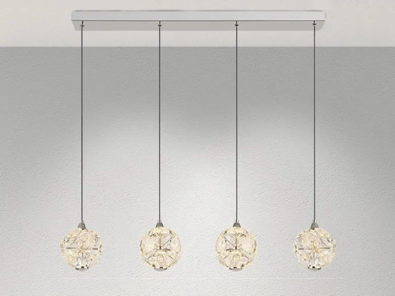 LED Pendelleuchte VIRINA 4-flammig Silber mit Kristall Glaskugeln, Breite 93cm