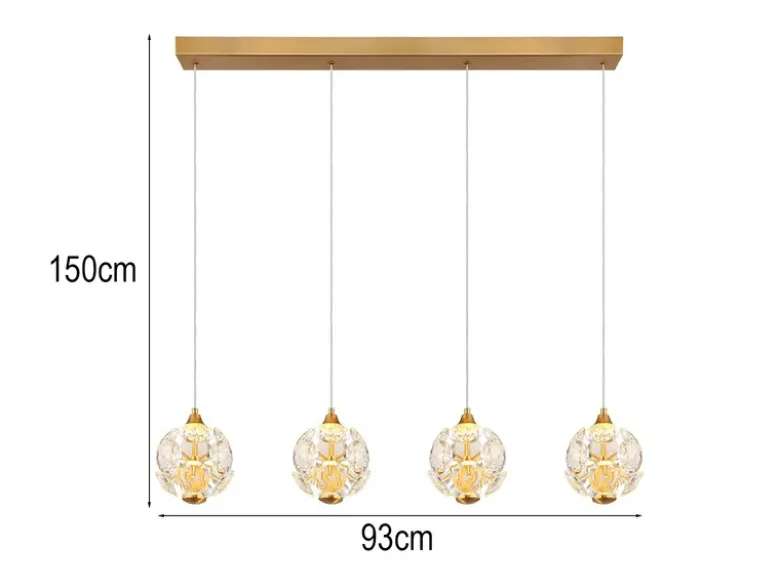 LED Pendelleuchte VIRINA 4-flammig Gold mit Kristall Glaskugeln, Breite 93cm