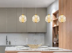 LED Pendelleuchte VIRINA 4-flammig Gold mit Kristall Glaskugeln, Breite 93cm