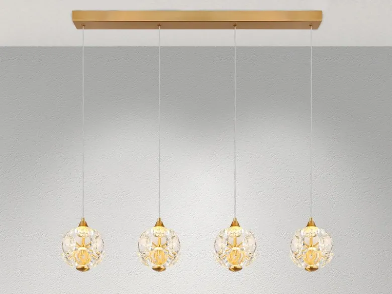 LED Pendelleuchte VIRINA 4-flammig Gold mit Kristall Glaskugeln, Breite 93cm