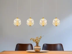 LED Pendelleuchte VIRINA 4-flammig Gold mit Kristall Glaskugeln, Breite 93cm