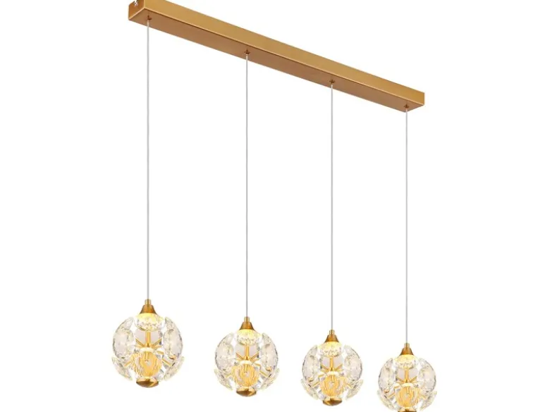 LED Pendelleuchte VIRINA 4-flammig Gold mit Kristall Glaskugeln, Breite 93cm