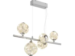 LED Pendelleuchte VIRINA 5-flammig Silber mit Kristall Glaskugeln, Breite 61cm