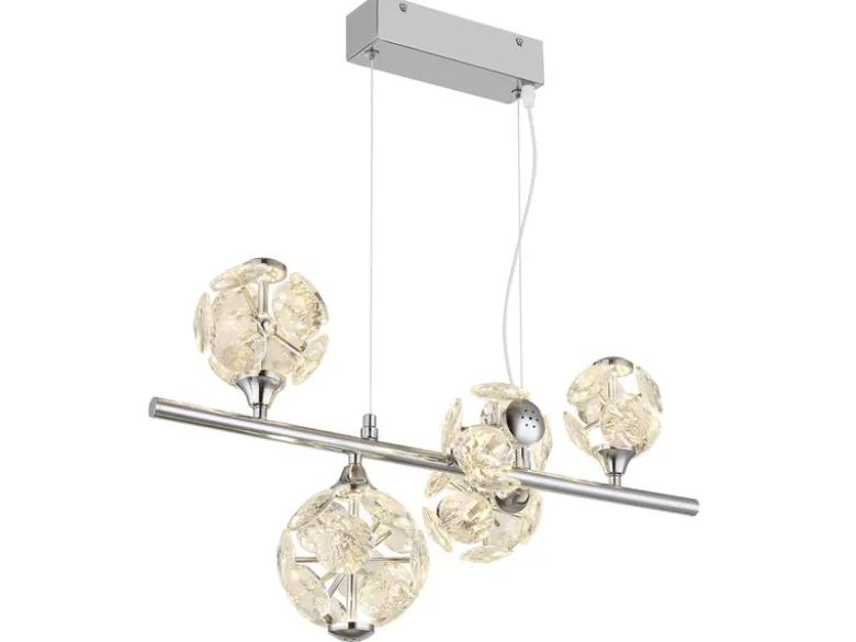 LED Pendelleuchte VIRINA 5-flammig Silber mit Kristall Glaskugeln, Breite 61cm
