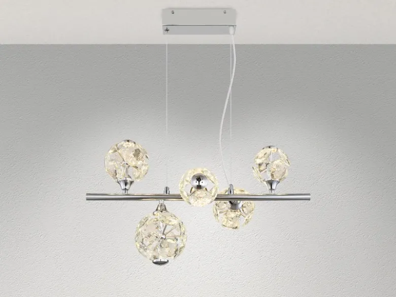 LED Pendelleuchte VIRINA 5-flammig Silber mit Kristall Glaskugeln, Breite 61cm