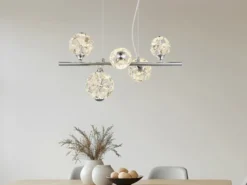 LED Pendelleuchte VIRINA 5-flammig Silber mit Kristall Glaskugeln, Breite 61cm