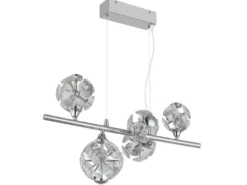 LED Pendelleuchte VIRINA 5-flammig Silber mit Kristall Glaskugeln, Breite 61cm