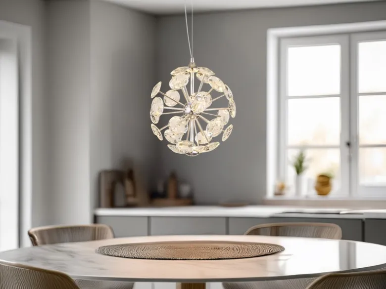 LED Pendelleuchte VIRINA Silber Kugellampe aus K9 Kristallen, Ø 28cm