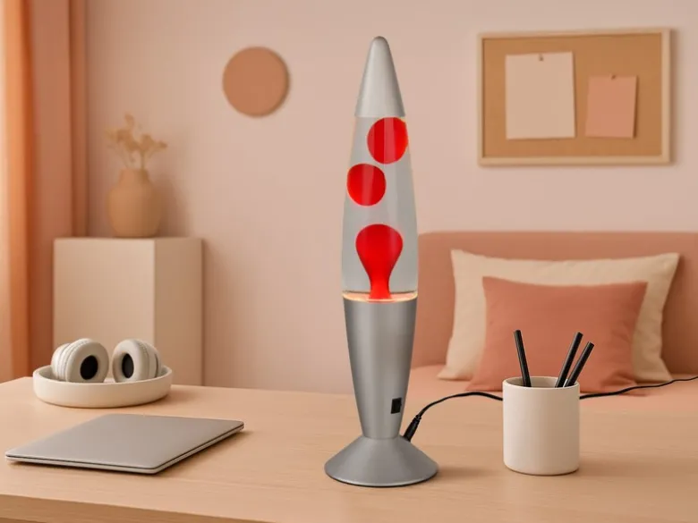 LED Raketen Lavalampe VESUV im 90er Jahre Design, Silber Rot, Höhe 41,5cm