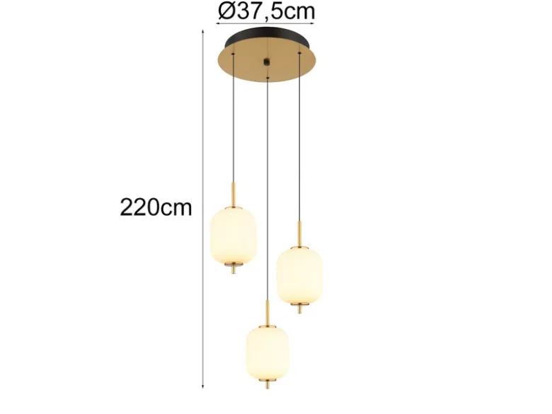 LED Retro Pendelleuchte EWALD 3-flammig aus Metall Messing & Opalglas, Ø 37,5cm