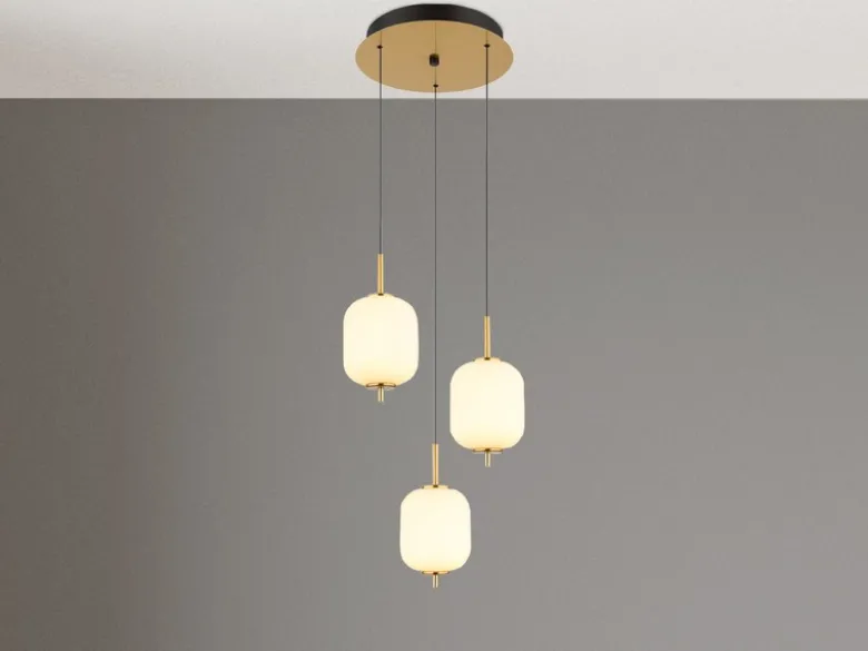 LED Retro Pendelleuchte EWALD 3-flammig aus Metall Messing & Opalglas, Ø 37,5cm