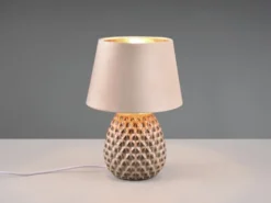 LED Retro Tischleuchte mit Samtschirm in Beige/Gold, Höhe 35cm