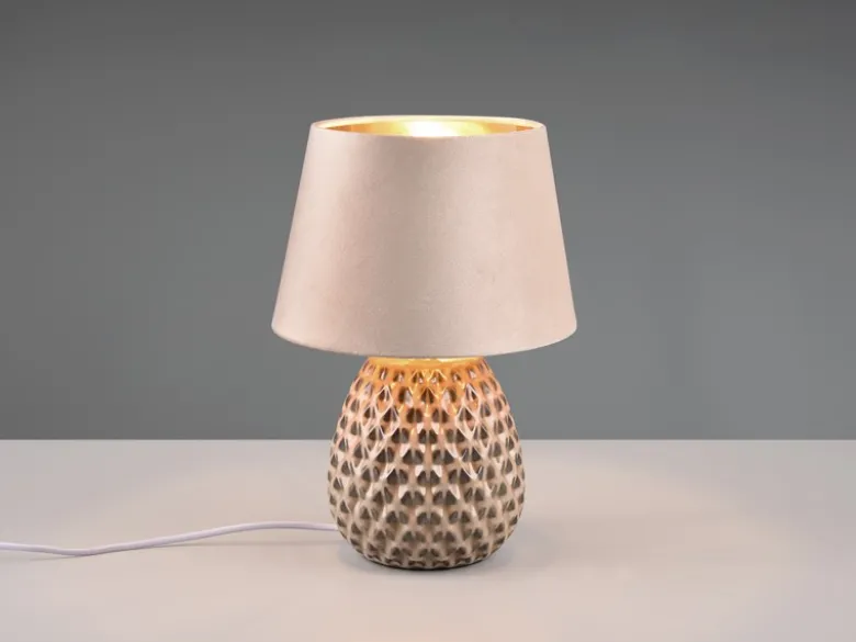 LED Retro Tischleuchte mit Samtschirm in Beige/Gold, Höhe 35cm
