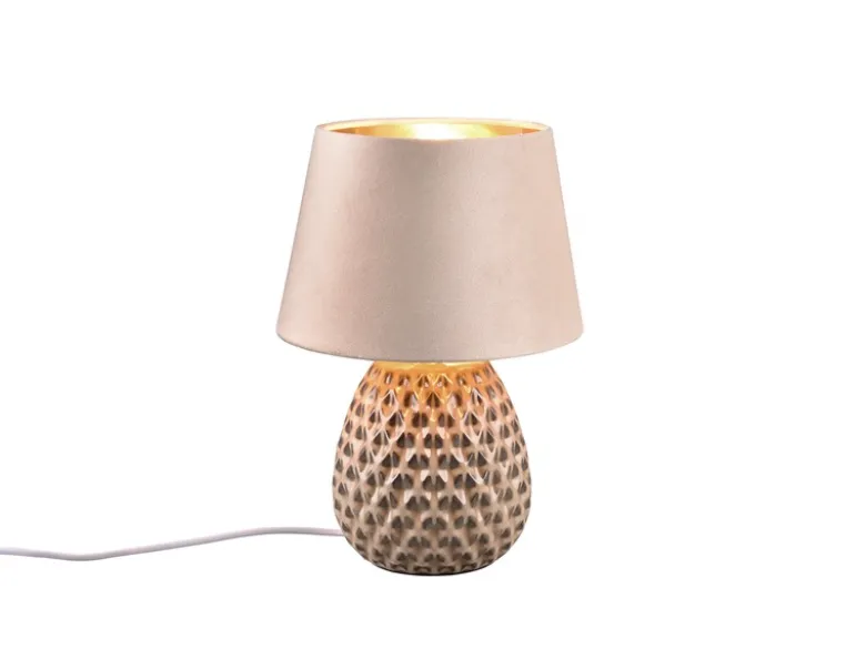 LED Retro Tischleuchte mit Samtschirm in Beige/Gold, Höhe 35cm