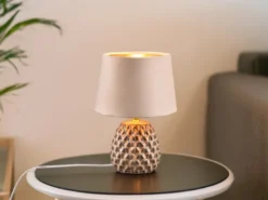 LED Retro Tischleuchte mit Samtschirm in Beige/Gold, Höhe 27cm
