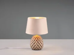 LED Retro Tischleuchte mit Samtschirm in Beige/Gold, Höhe 27cm