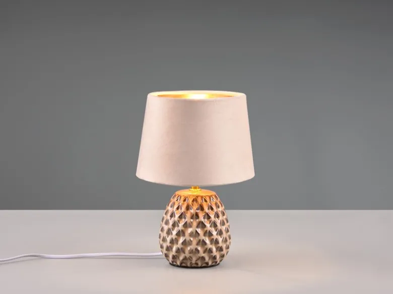 LED Retro Tischleuchte mit Samtschirm in Beige/Gold, Höhe 27cm