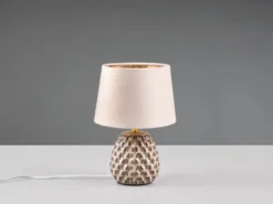 LED Retro Tischleuchte mit Samtschirm in Beige/Gold, Höhe 27cm