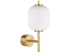LED Retro Wandleuchte EWALD aus Metall in Messing & Opalglas, Höhe 32,5cm