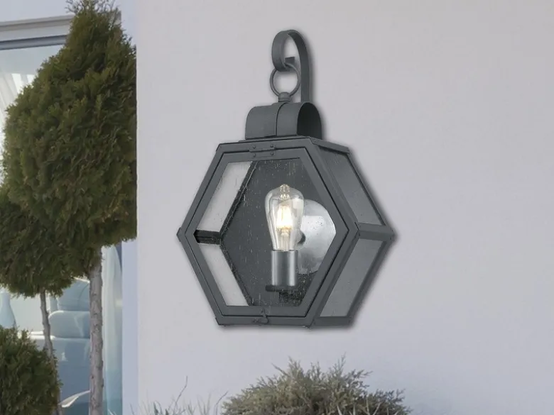 LED Rustikale Außenwand Laterne hängend sechseckig, Schwarz Höhe 48cm