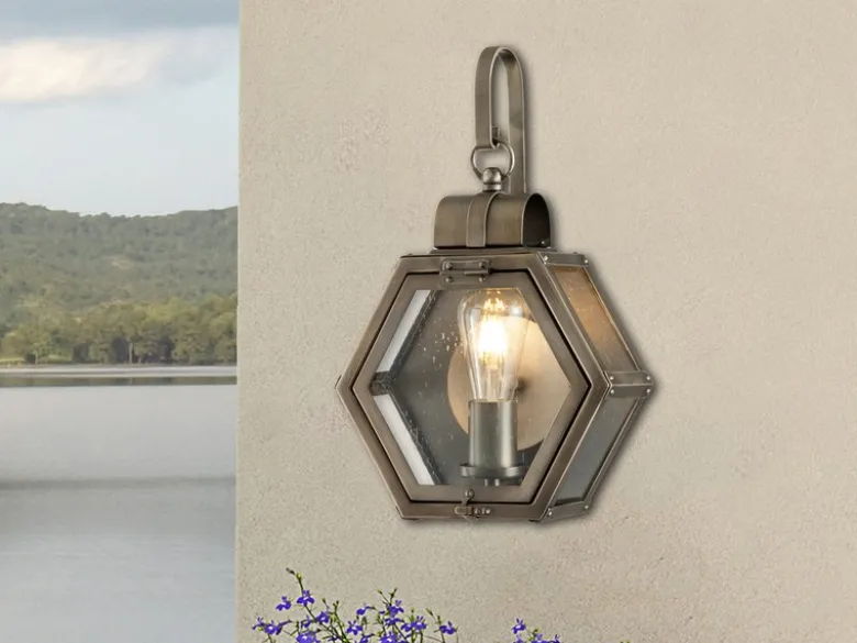 LED Rustikale Außenwand Laterne hängend sechseckig, Bronze Höhe 42cm