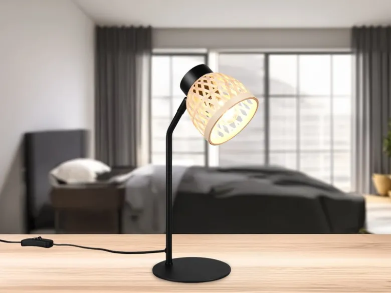 LED Schreibtischleuchte mit Korb Lampenschirm aus Bambus, Höhe 36cm