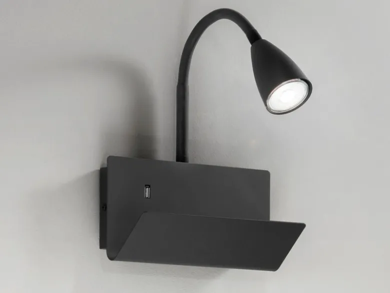 LED Schwanenhals Leselampe Schwarz mit Ablage & USB-Ladefunktion, B. 23cm