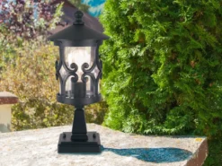 LED Sockel Laterne aus Alu im Landhausstil, Schwarz Höhe 34cm