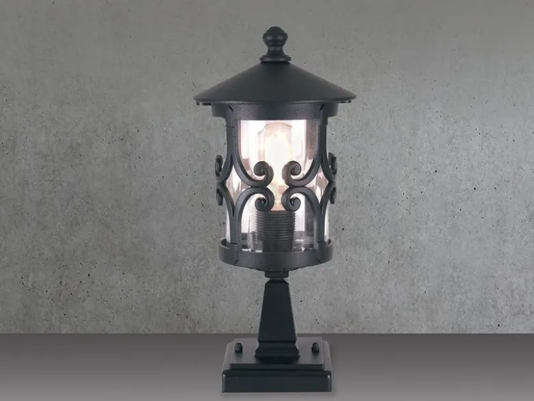 LED Sockel Laterne aus Alu im Landhausstil, Schwarz Höhe 34cm