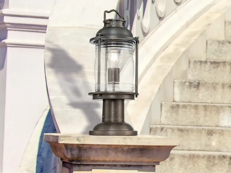 LED Sockel Laterne im Industriedesign, Bronze Höhe 47cm