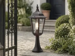 LED Sockelleuchte aus Aluminium Schwarz, antike E27 Gartenlaterne, Höhe 55cm