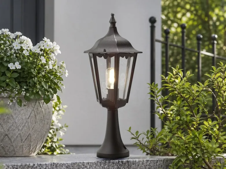 LED Sockelleuchte aus Aluminium Schwarz, antike E27 Gartenlaterne, Höhe 55cm