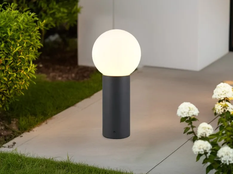 LED Sockelleuchte aus Aluminium in Anthrazit mit Glaskugel, Höhe 40cm