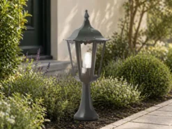 LED Sockelleuchte aus Aluminium Grün, antike E27 Gartenlaterne, Höhe 55cm