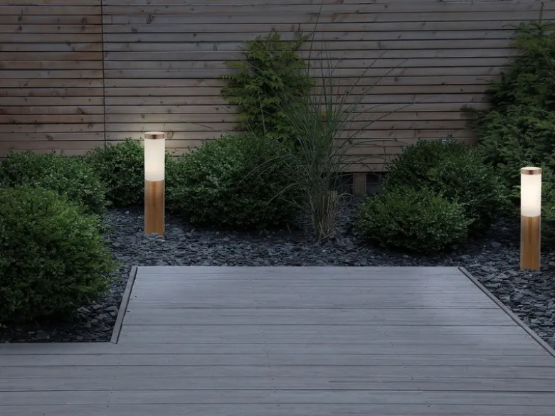 LED Sockelleuchte aus Edelstahl in Holzoptik, Höhe 45cm