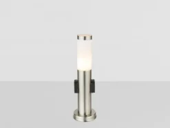 LED Sockelleuchte aus Edelstahl in Silber mit zwei Steckdosen, Höhe 45cm