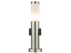 LED Sockelleuchte aus Edelstahl in Silber mit zwei Steckdosen, Höhe 45cm