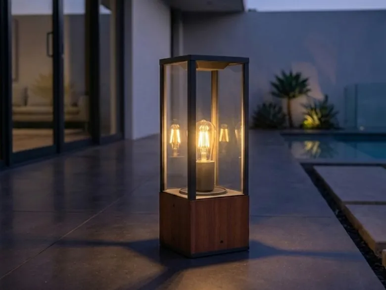 LED Sockelleuchte aus Naturholz mit Aluminium in Anthrazit Höhe 40cm