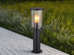 LED Sockelleuchte Gartenlaterne aus Edelstahl mit Rauchglas, Höhe 45cm