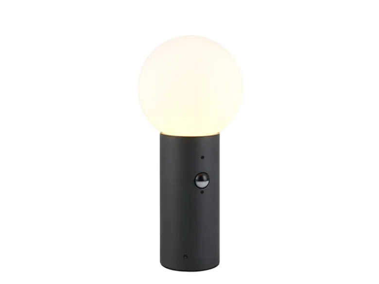 LED Sockelleuchte in Anthrazit mit Glaskugel & Bewegungsmelder, Höhe 40cm
