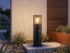 LED Sockelleuchte Schwarz Rauchgrau mit Bewegungsmelder, Höhe 30cm