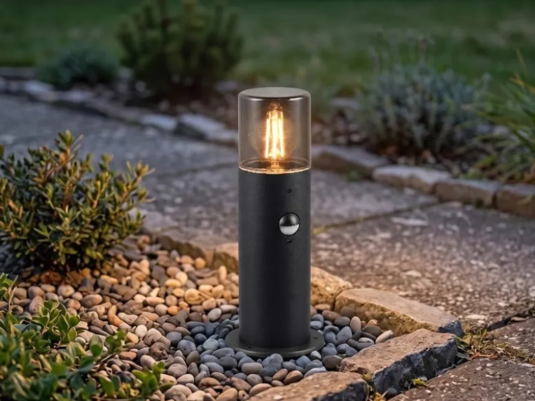 LED Sockelleuchte Schwarz Rauchgrau mit Bewegungsmelder, Höhe 30cm