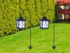 LED Solar Erdspießleuchte mit aufgehängter Laterne, Schwarz Höhe 68cm